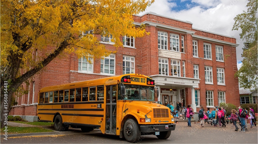 Obraz premium Yellow school buses in different urban and school settings. AI generated image