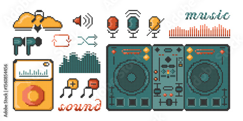 Set of pixel icons of media player, equalizer sound volume, sound wave. 8 bit abstract music elements. Pixel vibrant sound icons set.