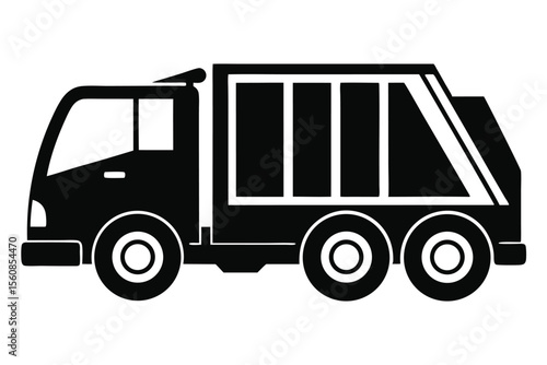 Black Silhouette of Garbage Truck with Three Wheels and OpenWalled Container