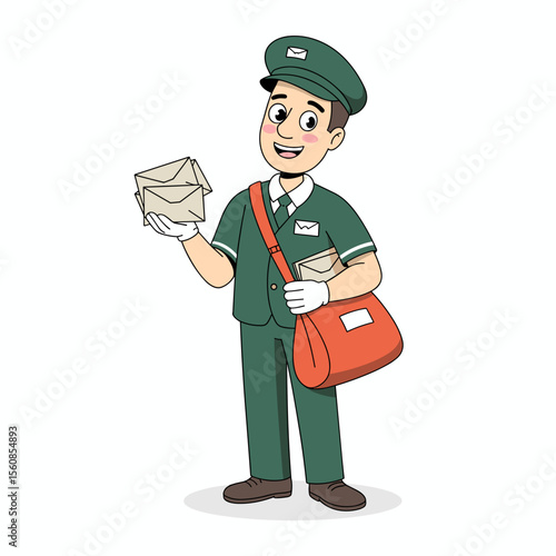 Cartoon Postman Carrying Mail and Smiling with Letters