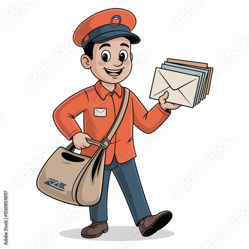 Cartoon Postman Carrying Mail and Smiling with Letters