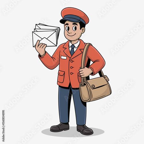 Cartoon Postman Carrying Mail and Smiling with Letters