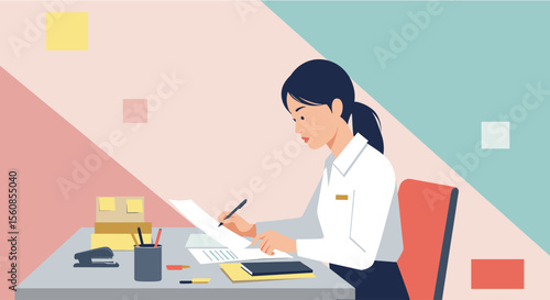 A focused woman in flat design style works at her desk, illustrating a modern business or marketing concept for web.