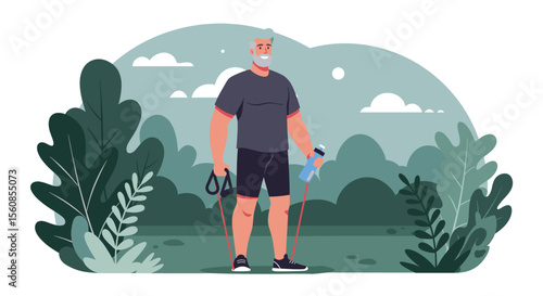 An active senior man in athletic wear holds resistance bands and a water bottle, ready for outdoor exercise in a flat design park illustration.
