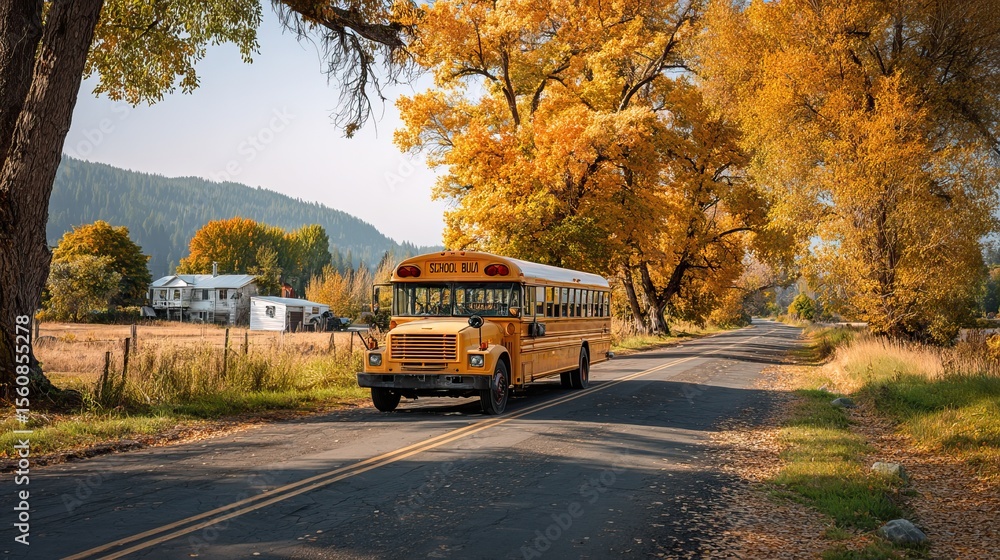 Obraz premium Yellow school bus is picking up children in a suburban neighborhood at sunrise. AI generated image