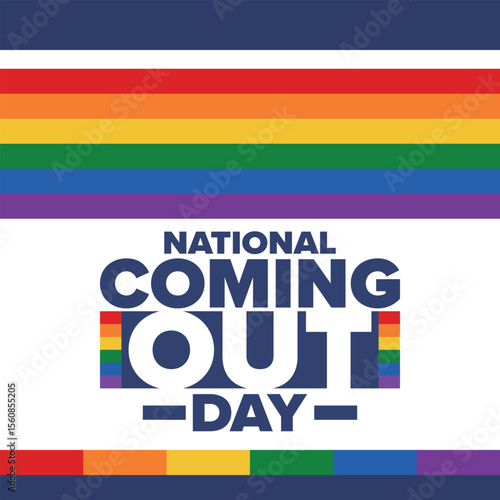 National Coming Out Day. Happy holiday. Pride month. LGBT rainbow flag. Diversity and equality. Gay and lesbian. Free love, heart shape. Illustration. Vector poster