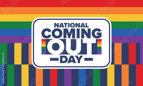 National Coming Out Day. Happy holiday. Pride month. LGBT rainbow flag. Diversity and equality. Gay and lesbian. Free love, heart shape. Illustration. Vector poster