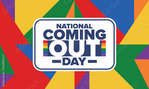 National Coming Out Day. Happy holiday. Pride month. LGBT rainbow flag. Diversity and equality. Gay and lesbian. Free love, heart shape. Illustration. Vector poster