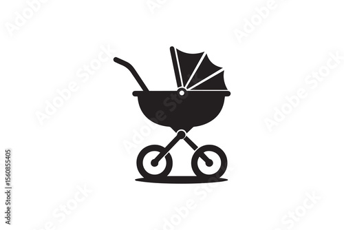  A  baby pushchair silhouette with a simple, understated design set against a white background 