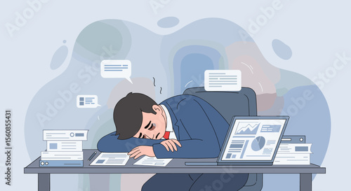 An exhausted businessman is slumped over his desk, surrounded by documents and a laptop displaying financial charts, illustrating the pressures of modern business life.