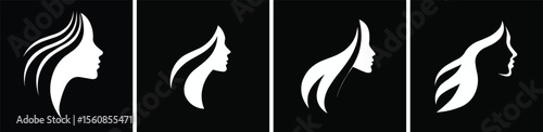 Set of woman face silhouette with flowing hair in different styles