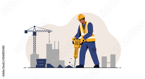 An illustrated construction worker uses a jackhammer on a building site, with a crane in the background, representing construction, industry, and labor in a flat design style.