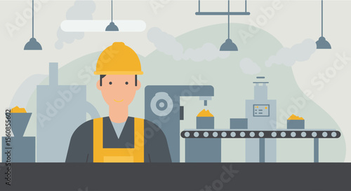 A flat design illustration depicts a factory worker overseeing production on a manufacturing assembly line with machinery, conveying industrial processes and operational efficiency.