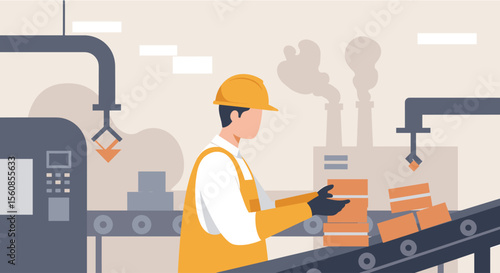Modern industrial factory scene with a worker overseeing an automated production line and conveyor belt system, flat design.