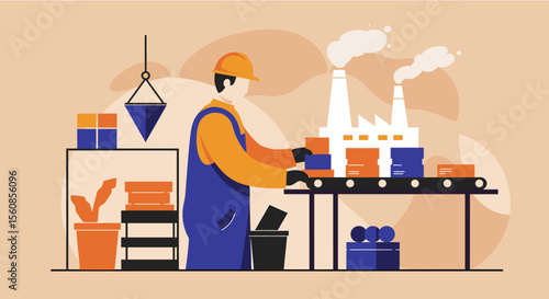 Industrial worker on a factory production line with boxes and modern machinery, representing manufacturing and industry.