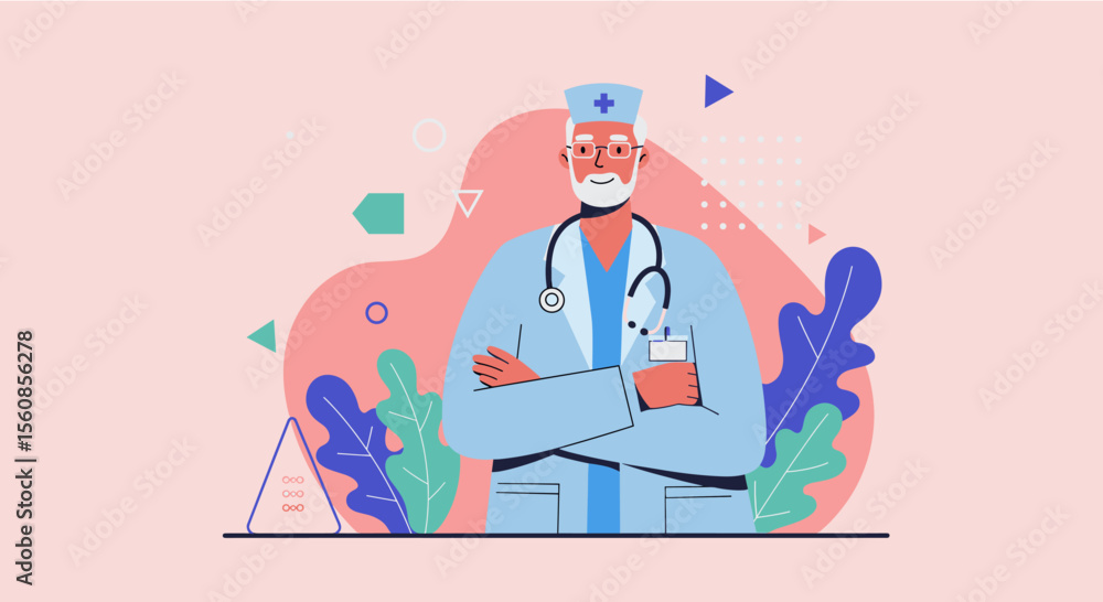 custom made wallpaper toronto digitala doctor with crossed arms, wearing a blue coat and a cap. Suitable for landing page, banner, marketing, web design, presentation, infographic, etc.