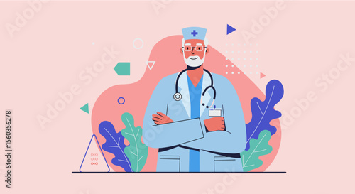 Wallpaper Mural a doctor with crossed arms, wearing a blue coat and a cap. Suitable for landing page, banner, marketing, web design, presentation, infographic, etc. Torontodigital.ca