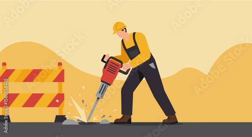 A diligent construction worker in a hard hat and overalls operates a powerful jackhammer, breaking asphalt on a roadwork site.