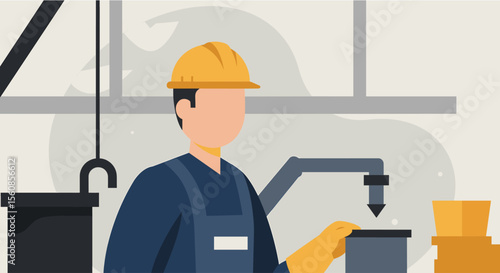 Flat design illustration of a worker using a welding machine in a factory setting, ideal for industrial landing pages, banners, marketing materials, and presentations.