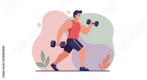 a man in a red tank top and black shorts, actively engaged in weightlifting with dumbbells in his hands. Suitable for landing page, banner, marketing, web design, presentation, infographic, etc.
