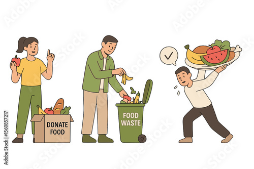 Vector illustration representing the issue of food loss and waste, with characters working to minimize meal garbage, overconsumption, and environmental strain on resources