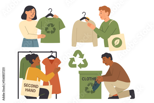 Vector illustration of a sustainable fashion illustration set, featuring characters who consciously purchase eco-friendly, recycled, or second-hand clothing and shoes, embodying the reduce, reuse