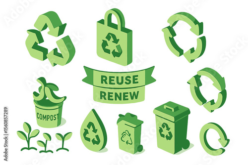 A set of 9 isometric green zero waste symbols on a white background, representing concepts such as reuse, renew, composting food waste, and recycling, available as a vector illustration of various