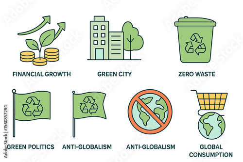 Green economy thin line icons set: financial growth, green city, zero waste, circular economy, green politics, anti-globalism, global consumption, vector illustration for environmental issues
