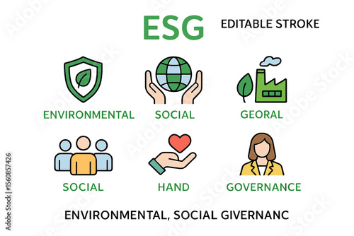 Editable stroke colored line icons representing ESG which includes environmental, social and corporate governance