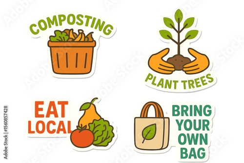 Vector illustration of a set of colorful stickers featuring eco-friendly concepts such as composting, tree planting, eating local food, and bringing your own bag, along with accompanying slogans and