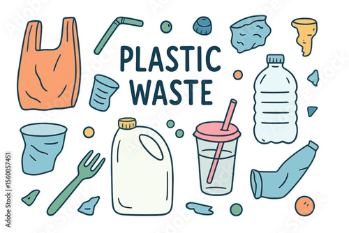 Illustrations of plastic waste, pollution, and recycling concepts, including zero waste, and refusing single-use plastics like bags, cups, straws, bottles, and canisters, for use in banners, posters