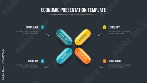 Enterprise Strategy Four Element Infographic Presentation Template. Project Review Slide Design Vector Illustration. Company Overview 4 Step Diagram Slideshow Layout.