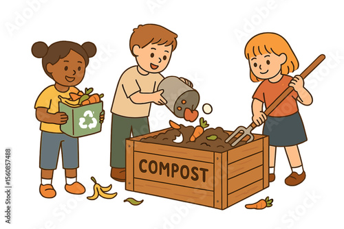 Children creating compost to illustrate the recycling concept through composting