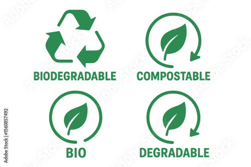 Eco-friendly labels including biodegradable compostable icons, bio recyclable and degradable package stamps, and vector recycle leaf symbols for recyclable plastic free bags