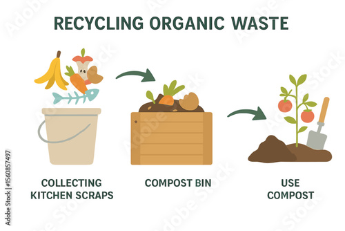 Schema of recycling organic waste from collecting kitchen scraps to use compost for gardening, embodying the zero waste concept through organic waste recycling