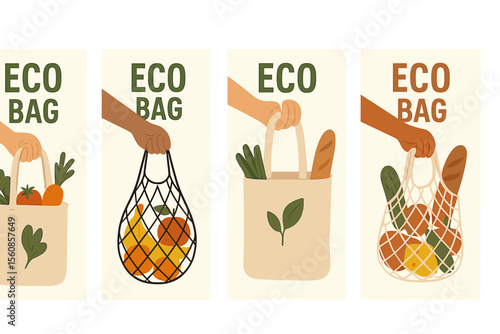 Flat vector illustrations of eco grocery bags, poster designs, and hands holding shopping totes with supermarket mesh, net, vegetables, fruits, and food, featuring natural organic sustainable cards