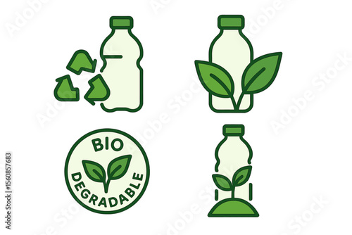 Concept of nature protection and zero waste through eco-friendly production of compostable materials, represented by biodegradable icons and images of plastic bottles with green leaves