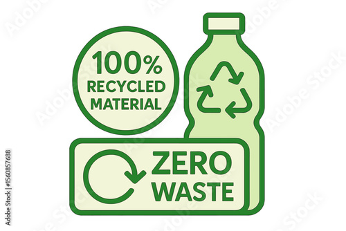 Environmental reusable plastic illustration for product packaging logo, sign, symbol, badge or emblem isolated, made from 100 recycled materials label with zero waste icon