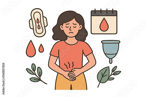 Vector doodle icons of instructions for a woman using a menstrual cup during her period