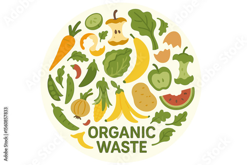 Round template Organic waste theme, featuring a collection of fruits and vegetables, serving as an illustration for home food processing, compost, organic waste, zero waste, and environmental issues