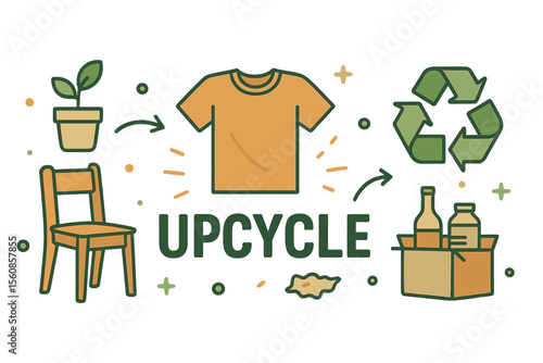 Upcycle horizontal vector banner featuring upcycling and recycling symbols, representing the modern trend of creatively reusing useless or unwanted products into new materials as part of the