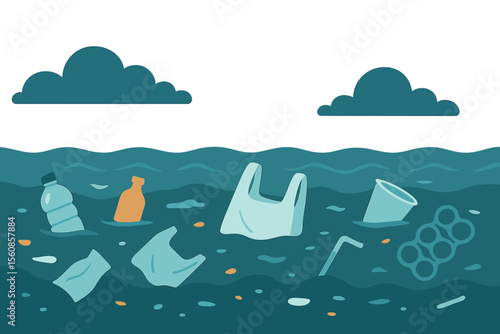 Ocean polluted and covered with floating plastic waste