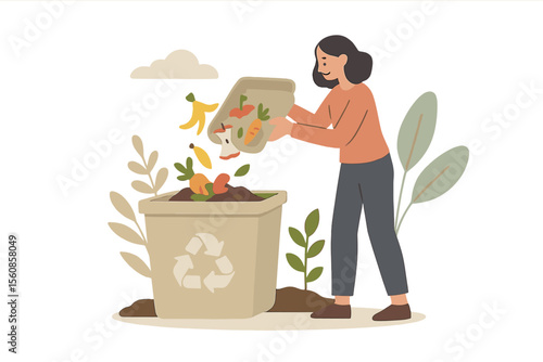 Illustration of a tiny person concept, showing sustainable and environmentally friendly grocery recycling through composting organic food leftovers in a biodegradable container to fertilize new soil