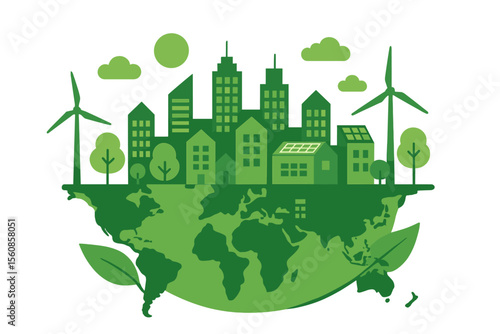Green city concept utilizing renewable power and energy from wind farms with a cityscape over a world map in green with leaves, colored vector illustration