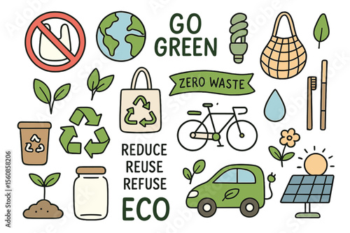A set of hand-drawn ecology icons, including no plastic, go green, and zero waste concepts, promoting reduce, reuse, refuse, and an ecological lifestyle, is presented as a vector illustration with a