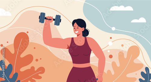 a woman lifting a dumbbell. Suitable for landing page, banner, marketing, web design, presentation, infographic, etc.