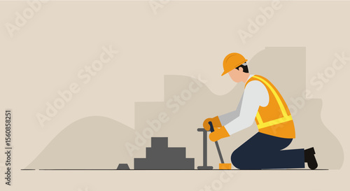 A construction worker in safety gear uses a jackhammer to break up concrete stairs, ideal for web banners, landing pages, and marketing materials with a flat design.