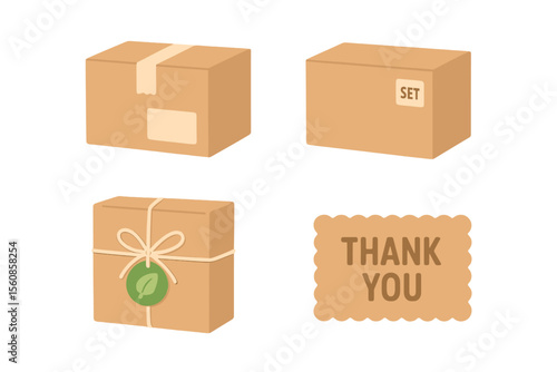 Flat vector illustration of a set of cardboard boxes, including a package delivery box and eco-friendly gift packaging with a label sticker and thank you card, representing a Thanksgiving concept