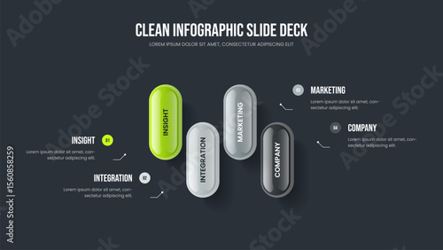 Modern Plan Four Element Diagram Slide Layout. Service Solution Frame Design Vector Illustration. Visual Report 4 Step Infographic Slideshow Template.