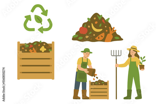 Vector illustrations in flat style depicting a compost bin with bio-recycling of waste, a pile for organic fertilizers, and gardeners standing next to the box